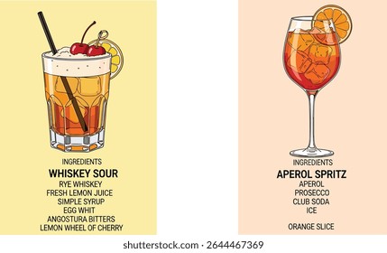 Cartão de receita de coquetel Aperol Spritz com cartaz de aquarela. Design elegante menu bebida com um copo de Aperol Spritz com cubos de gelo e uma guarnição de fatia laranja.