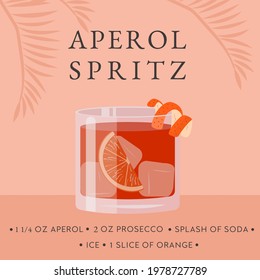 Aperol Spritz Cocktail recipe. Classical Summer Alcoholic Beverage in glass with ice and orange slice with tropical palms shadow. Italian aperitif on rocks with citrus peel. Vector flat illustration.