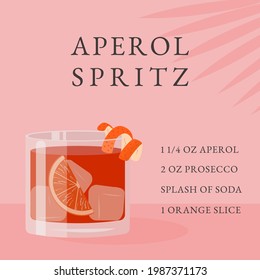 Aperol Spritz Cocktail recipe. Classical Summer Alcoholic Beverage in glass with ice and orange slice with tropical palm shadow. Italian aperitif on rocks with citrus peel. Vector flat illustration.