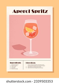 El concepto de la receta de cóctel Aperol Spritz. Tapa rosa o afiche con bebida. Ropa de limón y pomelo con cubos de hielo. Alcohol y bebidas. Afiche o pancarta. Dibujo vectorial plano de dibujos animados