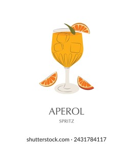 Concepto de receta de cóctel Aperol Spritz. Ilustración vectorial para póster. Rodaja de limón y pomelo con cubitos de hielo. Naranja. Alcohol y bebidas. Verano, playa, mar, océano