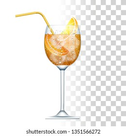 El Cocktail Aperol Spritz Se Sirve En Un Vidrio Ligero Con Paja Amarilla, Naranja Y Cubos De Hielo. Vista frontal. Ilustración Del Vector Realista De Fotografía 3d Aislada En Un Fondo Transparente