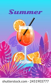 Aperol Spritz cocktail. Summer vector illustration with glass of orange drink, tropical leaves on colorful gradient background for card, banner, poster.