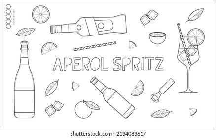 Aperol Spritz Cocktail vector illustration set. Vector drawing collection. Simple and minimal design. Icon set. Stylized elements. Cocktail set collection. Illustration set.