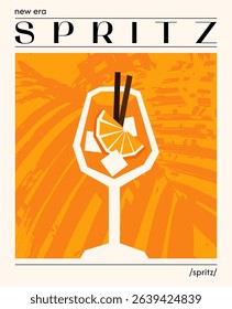 Aperol spritz cocktail. Vector illustration of trendy alcoholic drink with orange and ice. Colorful poster with refreshing summer drink. Contemporary poster for bar, restaurants and menu.