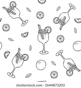 Aperol Spritz Cocktails graphic Seamless pattern. Hand drawn Vector illustration of aperol drink glass with orange fruit and slice in Doodle style. For restaurant menus, bar design.