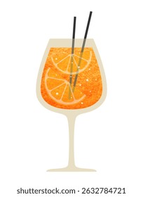 Aperol spritz in a glass with orange slices. Alcoholic cocktail isolated on white background, vector illustration, design element for menu, bar.