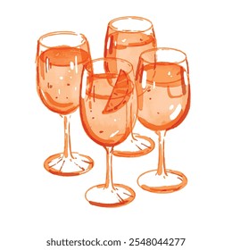 Aperol spritz orange illustration, vector hand drawn watercolor tropical alcoholic cocktail sketch. Holiday summer refreshment drinks beach bar citrus lemonade glass menu design. Aperol spritz clipart