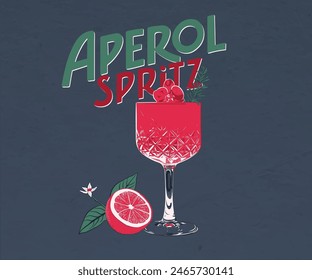 Aperol spritz retro Italian vector art, summer coattail glass with lemon vector design, retro vintage drinks artwork for t shirt, poster, graphic print