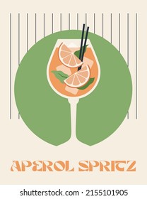 Aperol Spritz. Afiches retro con cócteles de alcohol. Afiches groovys de los años 70 de los 80. Impresión moderna. Beba con fruta y hielo. Cócteles planos con elementos decorativos. Ilustración del vector