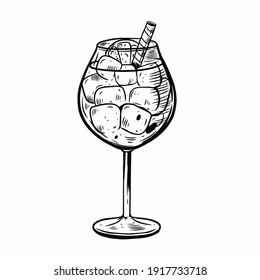 Aperol Spritz summer cocktail. Hand drawn black color vintage style. Vector illustration.