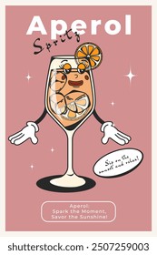 Aperol trendy poster with retro cocktail character. Mascot for bars and restaurants.60's and 70's character for retro posters and postcards in modern groovy style.Bar menu concept. Vector illustration