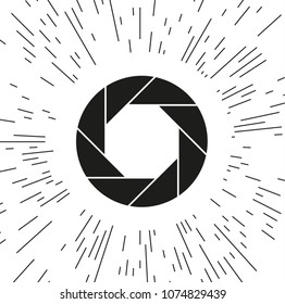 Aperture, camera lens symbol against the background of the rays