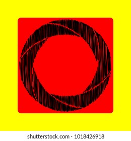 Aperture or Camera objective icon. Vector. Black scribble icon in red container with rounded corners at yellow background. Isolated.