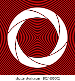 Aperture or Camera objective icon. Vector. White icon on red and black radial pattern as background. Isolated.