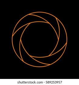 Aperture or Camera objective icon. Vector. Orange icon on black background. Fire.