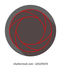 Aperture or Camera objective icon. Vector. Red icon with reddish shadow on dark gray circle at white background. Isolated.