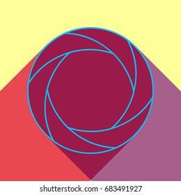 Aperture or Camera objective linear icon. Vector. Deep sky blue icon with two flat violet and raspberry semitransparent shadows on canary background.