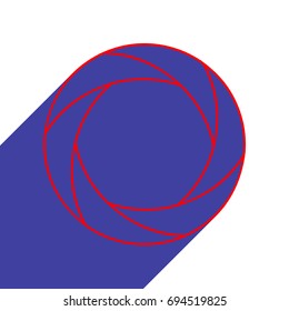 Aperture or Camera objective linear icon. Vector. Red flat style icon with dark blue long shadow on white background.