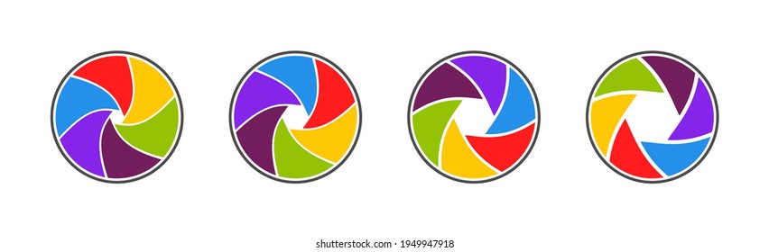 Aperture, camera and shutter icons. Logo of lens for photography. Color circles for photo. Modern rainbow wheels for studio. Spectrum colors of camera. Design icons. Digital concept. Vector.