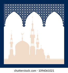 In the aperture of the dark blue silhouette of the three-vaulted Muslim arch, a light Silhouette of a mosque with a large number of domes and minarets on a white background. Vector illustration.