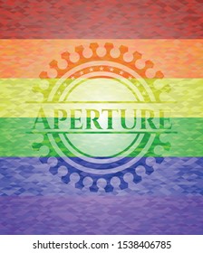 Aperture emblem on mosaic background with the colors of the LGBT flag