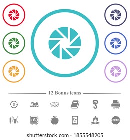 Apertura de iconos de color plano en contornos de forma circular. 12 íconos adicionales incluidos.