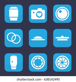 Aperture icon. set of 9 filled aperture icons such as heart with camera