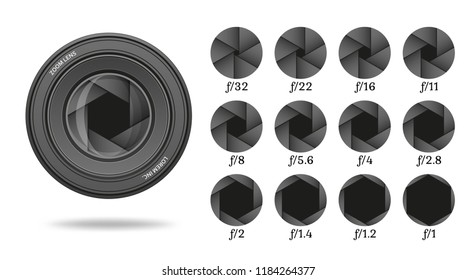 Aperture icon set with value numbers. Camera shutter lens diaphragm row. Vector illustration.