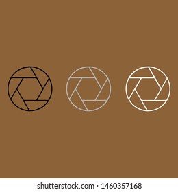 Aperture icon three pieces outline flat style color black white gray background brown