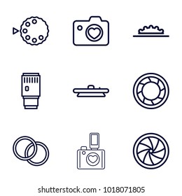 Aperture icons. set of 9 editable outline aperture icons such as heart with camera