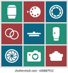Aperture icons set. set of 9 aperture filled icons such as heart with camera