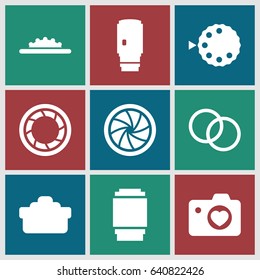 Aperture icons set. set of 9 aperture filled icons such as heart with camera