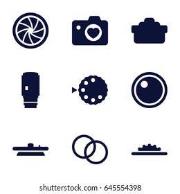 Aperture icons set. set of 9 aperture filled icons such as heart with camera