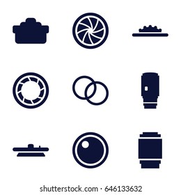 Aperture icons set. set of 9 aperture filled icons such as camera shutter, camera lense