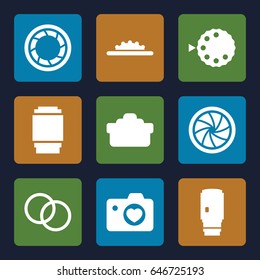 Aperture icons set. set of 9 aperture filled icons such as heart with camera