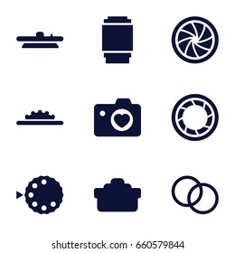 Aperture icons set. set of 9 aperture filled icons such as heart with camera