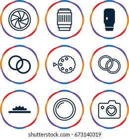 Aperture icons set. set of 9 aperture filled and outline icons such as camera lense