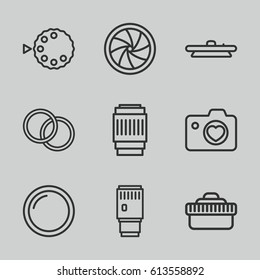 Aperture icons set. set of 9 aperture outline icons such as heart with camera