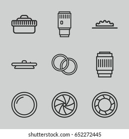 Aperture icons set. set of 9 aperture outline icons such as camera shutter, camera lense