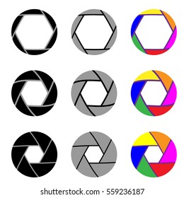 Aperture in nine different variants. Black, grey, multicolored rainbow