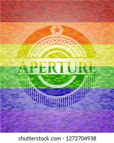 Aperture on mosaic background with the colors of the LGBT flag