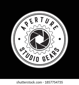 Aperture of photo camera with gear lens circle badge logo design
