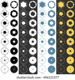 Aperture range icons set, in black and white, blue and yellow colors. Symbols for web design or manuals. Vector illustration