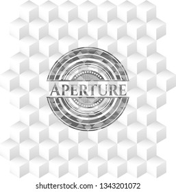 Aperture realistic grey emblem with cube white background