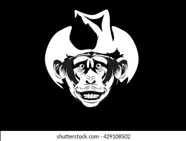 Apes head with cowboy hat, monochrome illustration isolated on black.