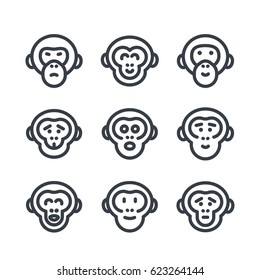 apes, monkey, chimp linear icons over white