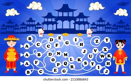 Aphabet game for kids, find way from a to z printable worksheet with girl and boy, lunar new year concept with lucky cat in cartoon style