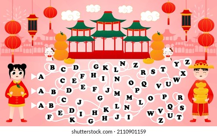 Aphabet game for kids on pink background, find way from a to z printable worksheet with girl and boy, lunar new year concept with lucky cat in cartoon style