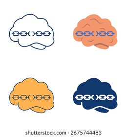 Aphasia flach und Linie Symbol gesetzt. Gehirn mit gebrochenem Kettensymbol. Vektorgrafik